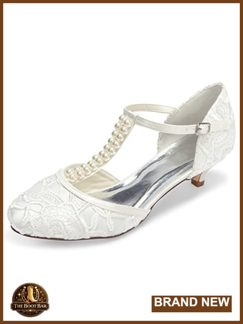 Women's Bridal Pumps Satin Low Heel T-Strap Closed Toe Lace Wedding Shoes